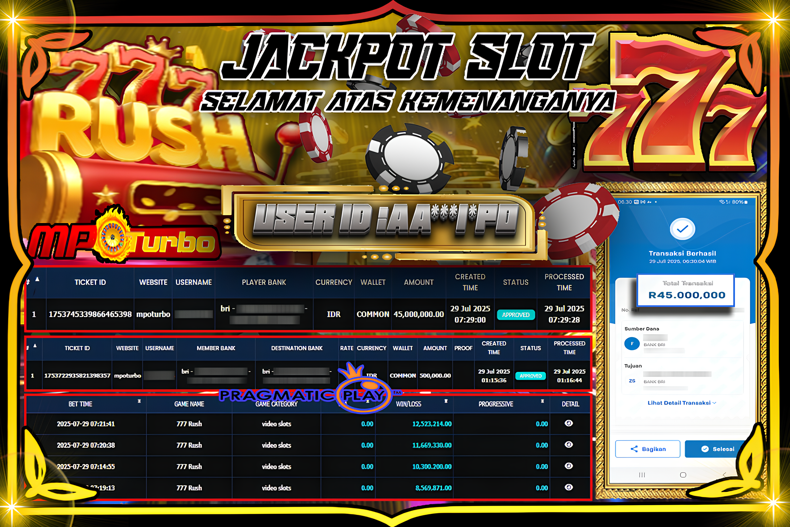 MPOTURBO JACKPOT 777RUSH 1000 Rp45,000.000.00,- LUNAS